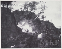 Rocky Landscape with Huntsmen and Hounds on a Path