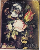 Flowers in a Vase with a Lizard, a Dragonfly and other Insects