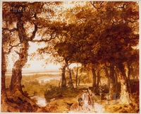 Wooded River Landscape with Huntsmen and Hounds on a Path
