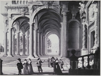 Elegant Figures Strolling in a Palatial Courtyard