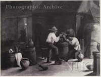 Interior of an Inn with Men Smoking and Drinking around a Barrel