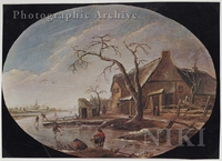 Winter Landscape with Skaters on a Frozen River by a Farm, a Town beyond