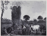 Figures and Cattle by a Tower, a Town beyond