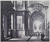 Elegant Figures Strolling in a Palatial Courtyard