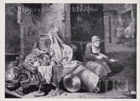Interior of a Farm with a Woman Cutting Bread, Two Men Smoking by a Hearth beyond