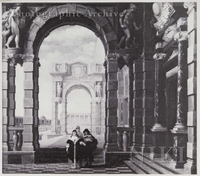 Elegant Figures Strolling in a Palatial Courtyard