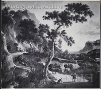 Mountainous River Landscape with Herdsmen and Cattle by a Bridge