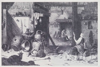 Interior of a Farm with a Woman Spinning Wool in a Kitchen, a Man Smoking by a Hearth beyond