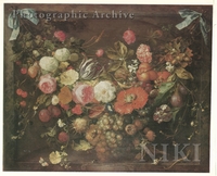 Flowers and Fruit Suspended in a Niche by two Pale Blue Ribbons