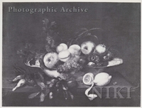 Apples, Grapes and Other Fruit in a Bowl, with Lemons, Plums and Dead on a Table