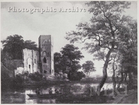 Wooded Landscape with a Ruined Castle by a River, and Men in a Boat in the Foreground