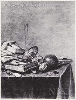 Still Life of Books, a Flute Glass and an Overturned Tazza on a Draped Table