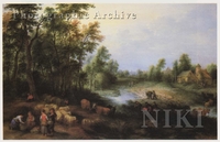 River Landscape with Shepherds, a Village beyond