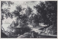 Wooded River Landscape with a Castle on a Hill and Figures on a Path