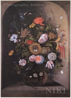 Mixed Flowers in a Glass Bowl in a Niche with a Lizard and a Mouse