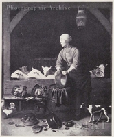 Interior of a Barn with Cattle and a Woman Cleaning Pots