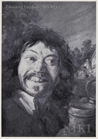 Grimacing Man Holding a Pitcher, a Cottage beyond