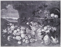 Still Life of Flowers and Fruit in a Rocky Landscape
