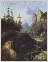 Mountainous River Landscape with a Waterfall and a Broken Tree