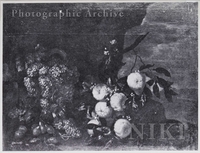 Bunches of Grapes in an Upturned Vase, Oranges on a Branch and Pears in a Rocky Landscape