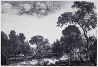 Cottages of a Village under Trees near a Pond to the left Foreground