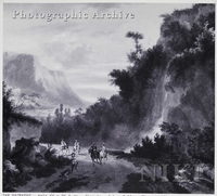 Mountainous Landscape with a Waterfall and Horsemen on a Path in the Foreground