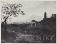 Italianate Wooded River Landscape with Peasants, and a Monastery beyond