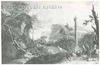 Italianate Mountainous Landscape with Figures by a Classical Column and a Castle beyond