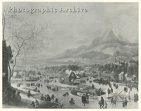 Mountainous Winter Landscape with Numerous Skaters with a Village beyond