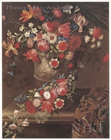 Roses, Tulips, Convolvulus and Other Flowers in a Sculptured Vase on a Ledge with Drapery