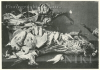 Still Life of a Dead Pheasant and Other Game Birds, Asparagus and Artichokes on a Table, with a Monkey at the Right