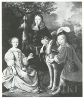 Two Boys and a Girl with Fruits, Game and a Dog in a Landscape