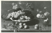 Grapes in a Porcelain Bowl, Nuts on a Pewter Plate, Roses and Carnations in a Jug, and Peaches on a Stone Ledge