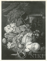 Fruit and Flowers with Vine Leaves on a Marble Ledge