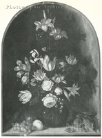 Tulips, Roses, Lilies, and Other Flowers in a Globose Glass Vase in a Niche with Fruit, a Butterfly and a Lizard