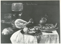 Breakfast Still Life of a Ham, Lemon, Herring and Oysters on Pewter Plates, Bread, a Mustard Pot and a Rummer on a Draped Table