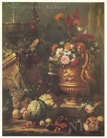 Still Life with Flowers in a Curved Vase, Bunches of Grape and Fruit, Fountain and Ruin of Column