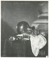 Still Life with Walnuts on a Pewter Plate, a Glass of Beer and an Overturned Pewter Pot on a Draped Table