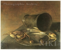 Crab on a Pewter Plate and an Overturned Beaker on a Ledge