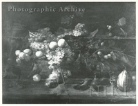 Basket of Apples, Grapes, a Melon and Other Fruit on a Stone Ledge