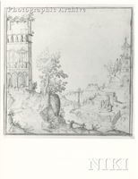 Hilly Landscape with Buildings and Traveller