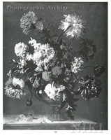Carnations, Roses and Other Flowers in a Vase on a Stone Ledge