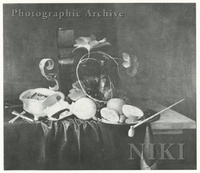 Still Life of Fruit and Various Objects on a Draped Table