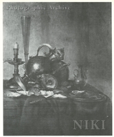 Still Life with a Candlestick, a Ewer, a Wine Glass and Oysters on a Draped Table