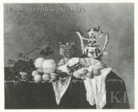 Still Life with an Overturned Rummer, a Tea Pot and Fruit on a Draped Table