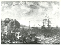 Coast Scene, with Fishermen Unloading Their Catch, and a Man-o-war and a Galley Offshore